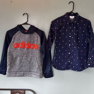2 Boys(10/12)longsleeve shirts.Buttonup pizza print (Old Navy),Adidas Sweatshirt